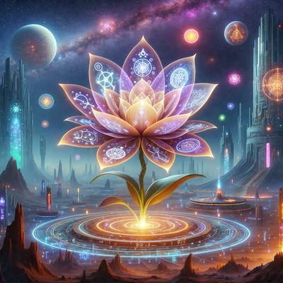 The primary subject of the image is a large, colorful flower with a purple center, surrounded by a vibrant and lively environment. The setting includes a futuristic cityscape with various buildings, planets, and celestial bodies in the background. The visual style of the image is a combination of digital art and illustration, creating a unique and captivating scene. The dominant colors in the image are purple, yellow, and blue, which contribute to the overall atmosphere of the artwork.